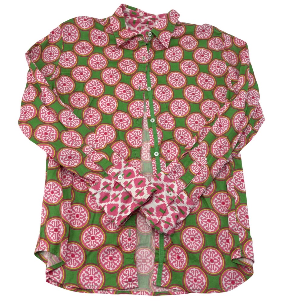 Tizzie Womens XL Pink Green Medallion Ikat Contrast Cuff Button Down Shirt
